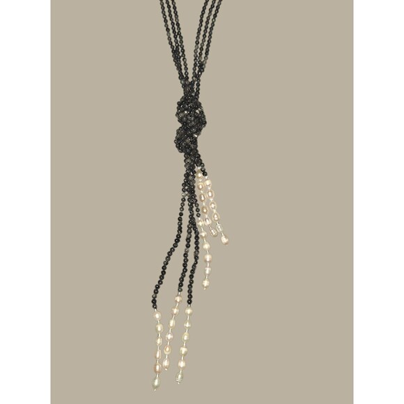 50" Sautoir with Larvikite and Pearl Tie Necklace Old Money Classic Luxury - Picture 2 of 4